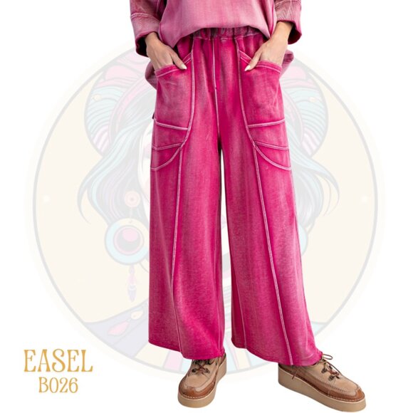 B026 EASEL Hot Pink Fuchsia Monkey Washed French Terry Pants - Picture 1 of 2